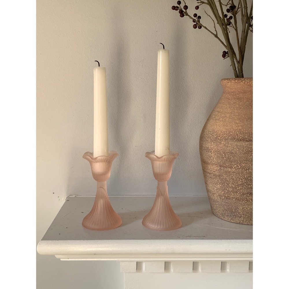 Vintage Frosted Pink Satin Glass Taper Candle Holders Set of 2 Ribbed Tulip 4.5"